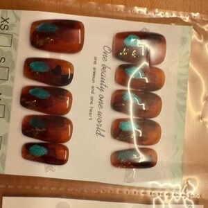 Press On Nails Tortoiseshell Teal Gold Foil Short Square S